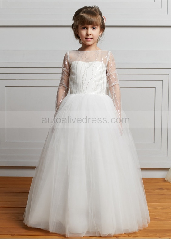 Ivory Tulle Sparkle Sequin Open V Back Flower Girl Dress Kids Wedding Tutu Dress